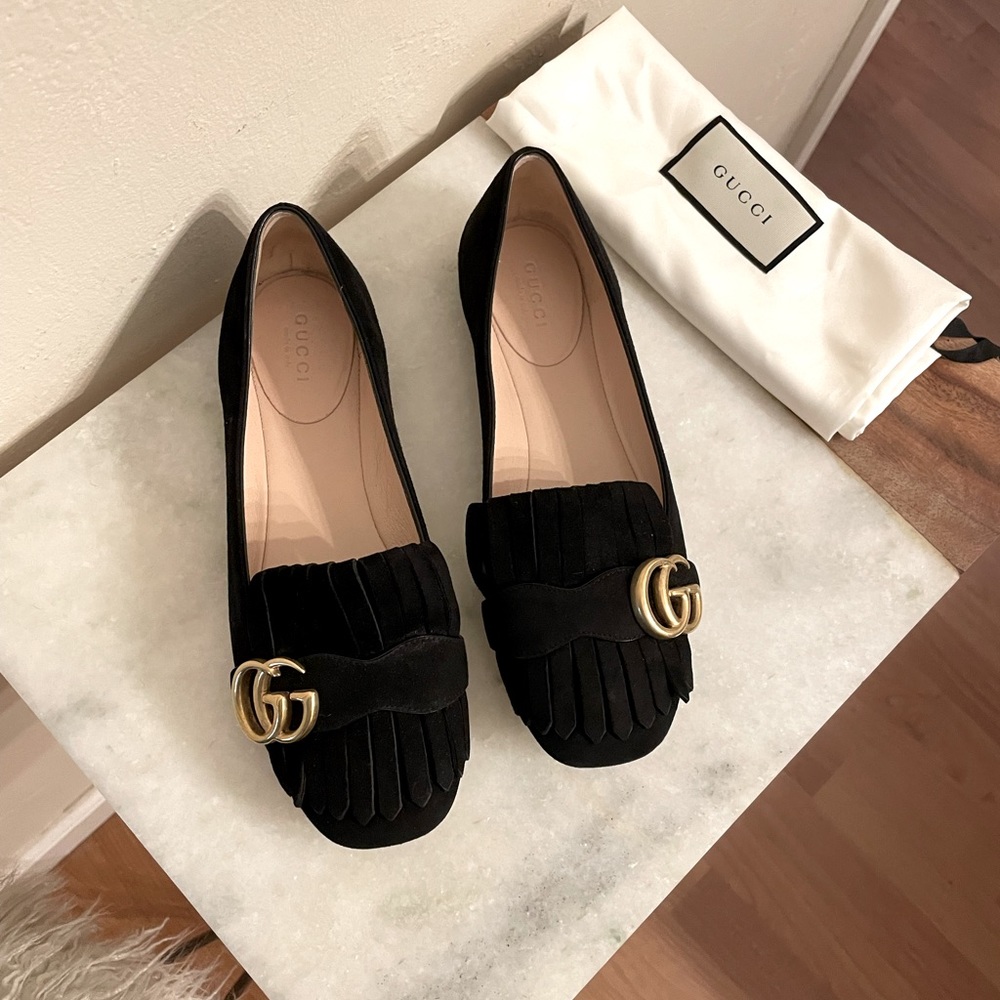 Gucci Marmont GG Suede Fringe Ballet Flat Black EU 36